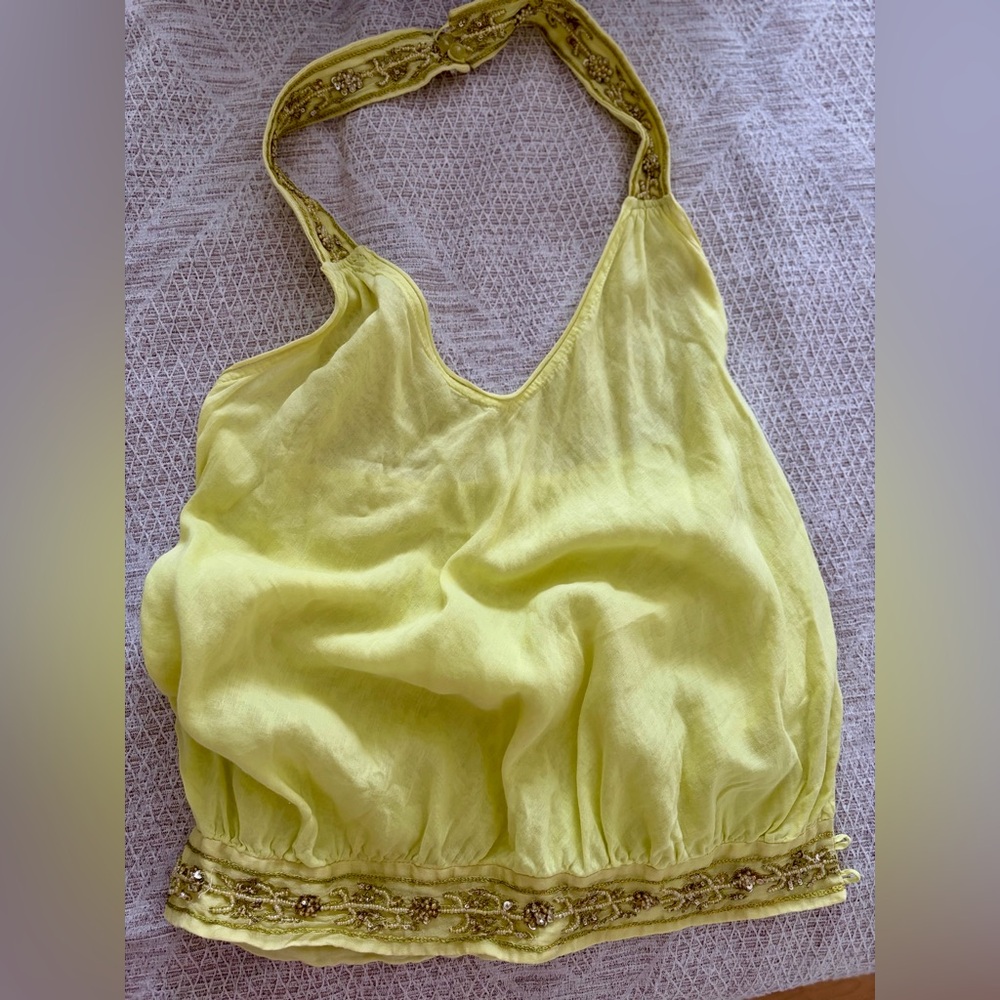 2/$30 Boho S/XS silk/cotton halter top beaded yellow/green
